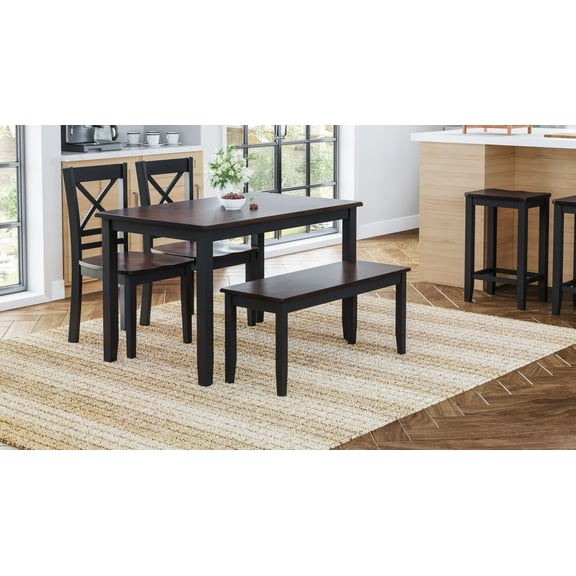 Jofran Asbury Park Solid Acacia Farmhouse 4-Pack Dining Set - Table with 2 Chairs and Bench