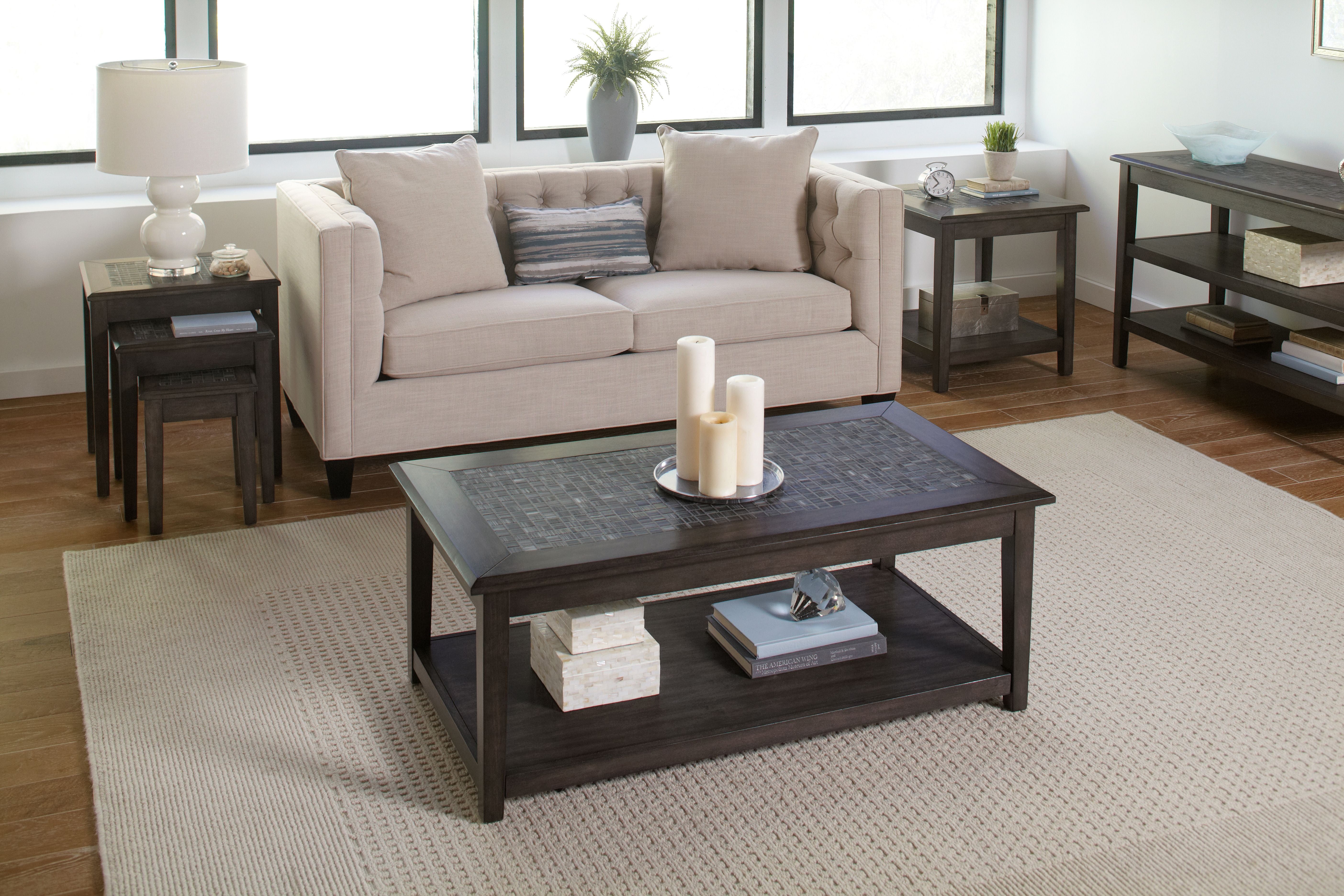 Transitional Gray Mosaic Tiled Square End Table with Shelf