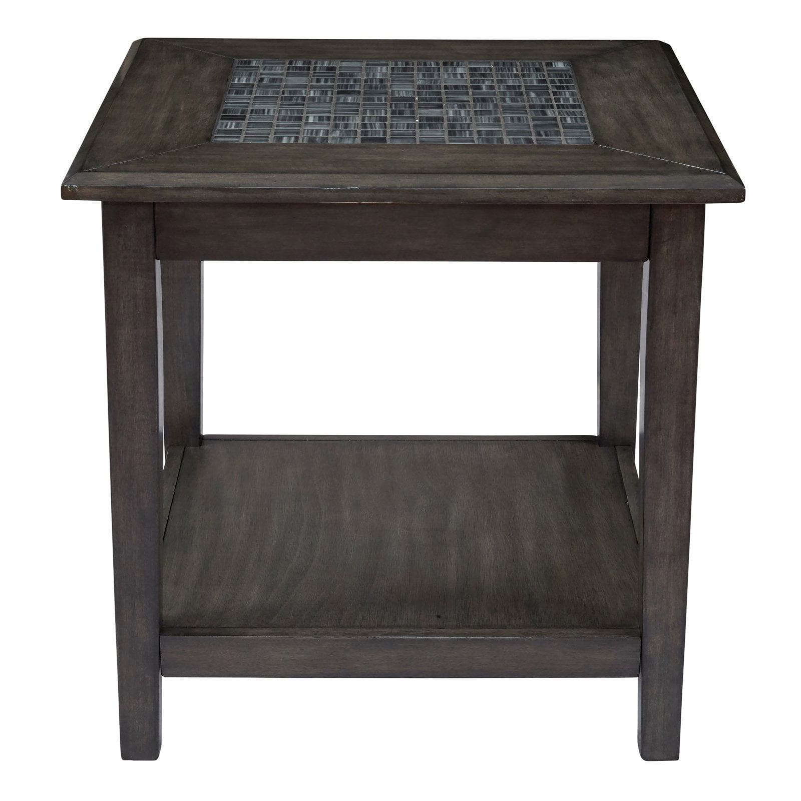 Transitional Gray Mosaic Tiled Square End Table with Shelf
