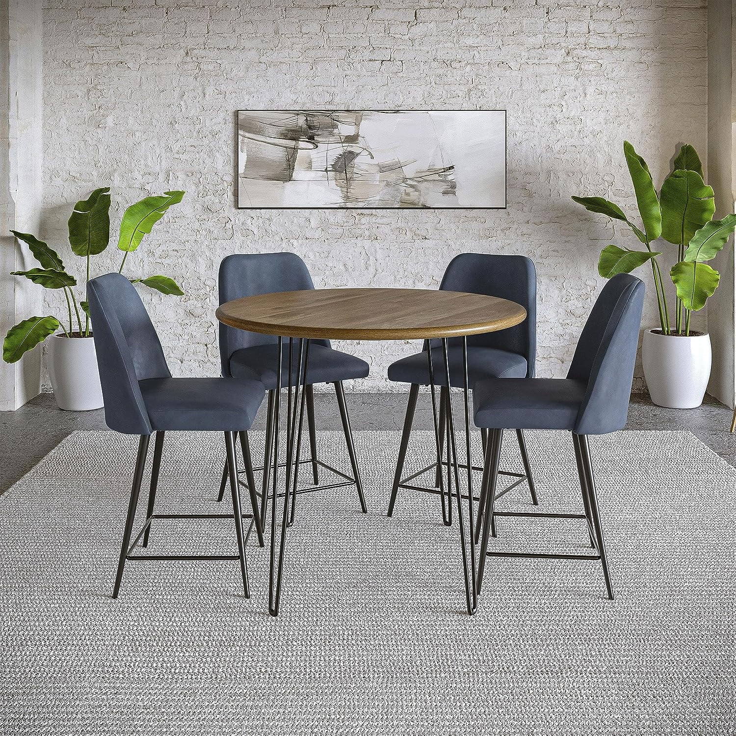 Brennan Round Solid Wood Counter Height Dining Set with Blue Upholstered Barstools