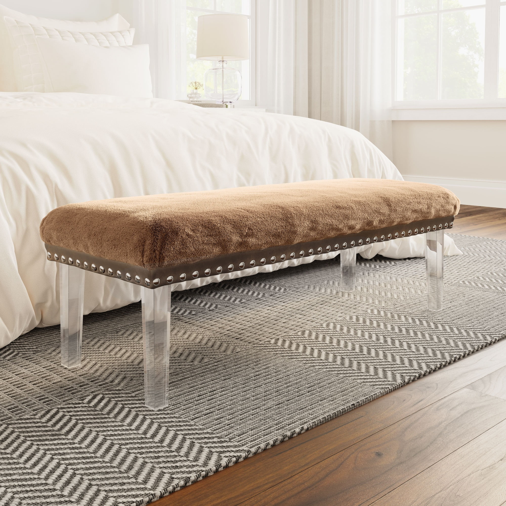 Brianna Brown Faux Fur Bench with Clear Acrylic Legs