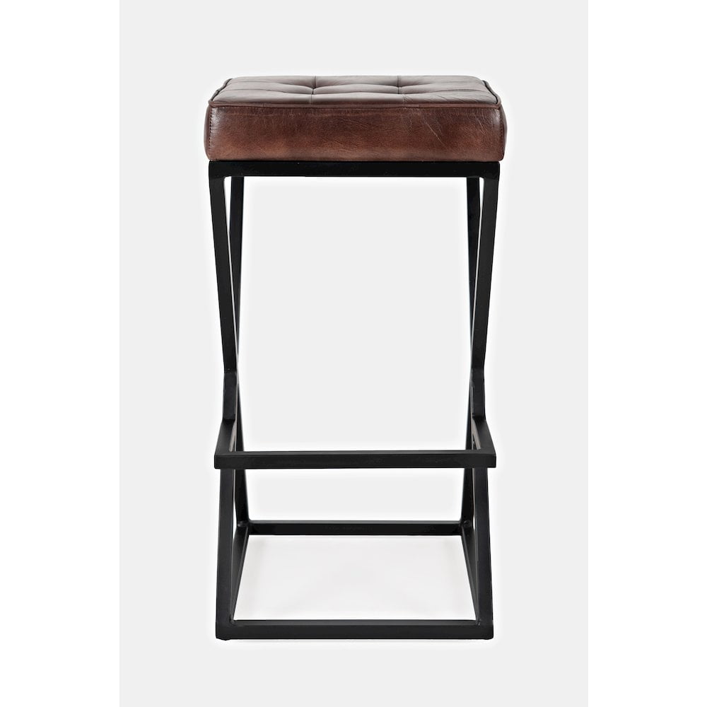 Transitional Saddle Brown Leather and Metal Counter Stool, 29''