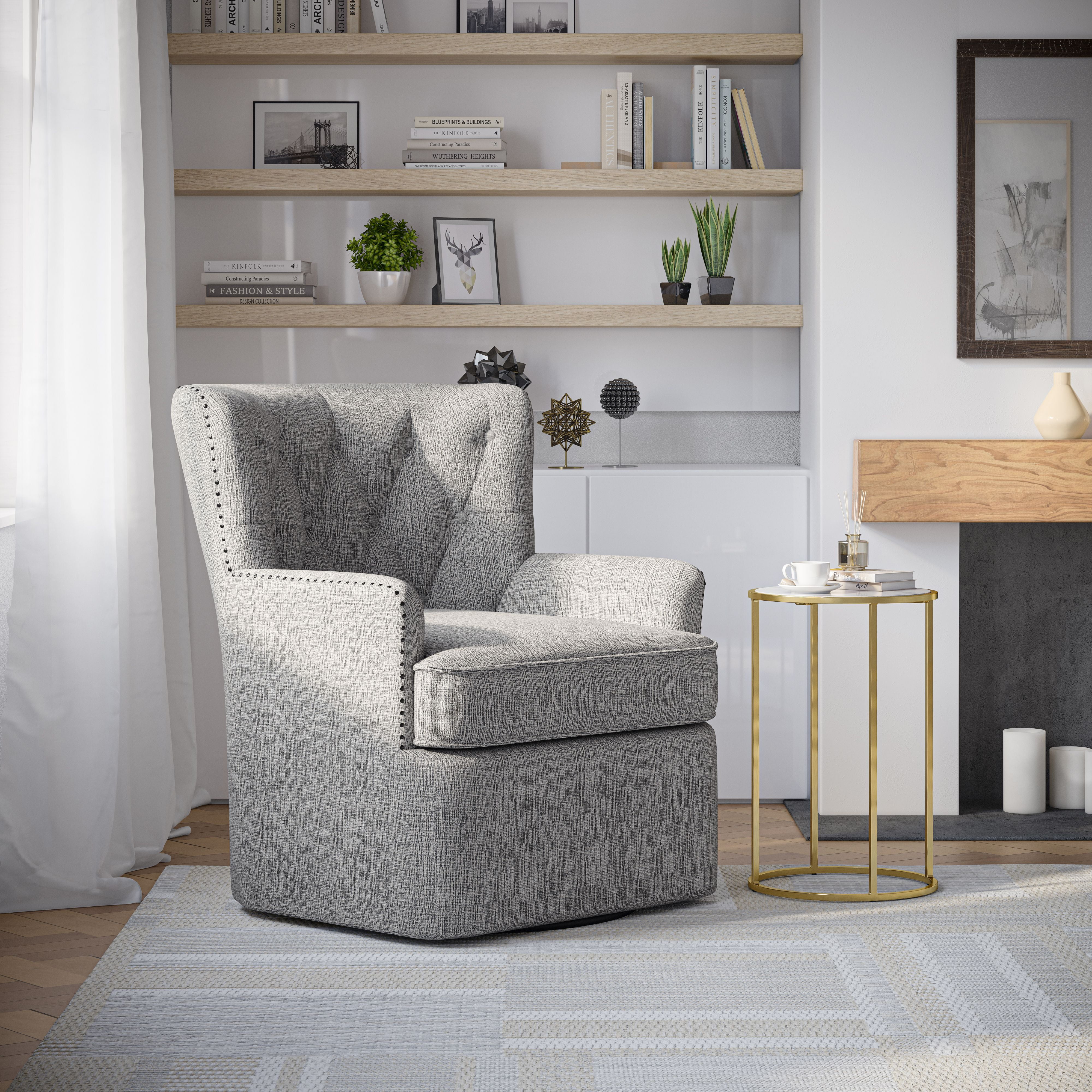 Gray Ash Upholstered Swivel Accent Chair with Nailhead Trim