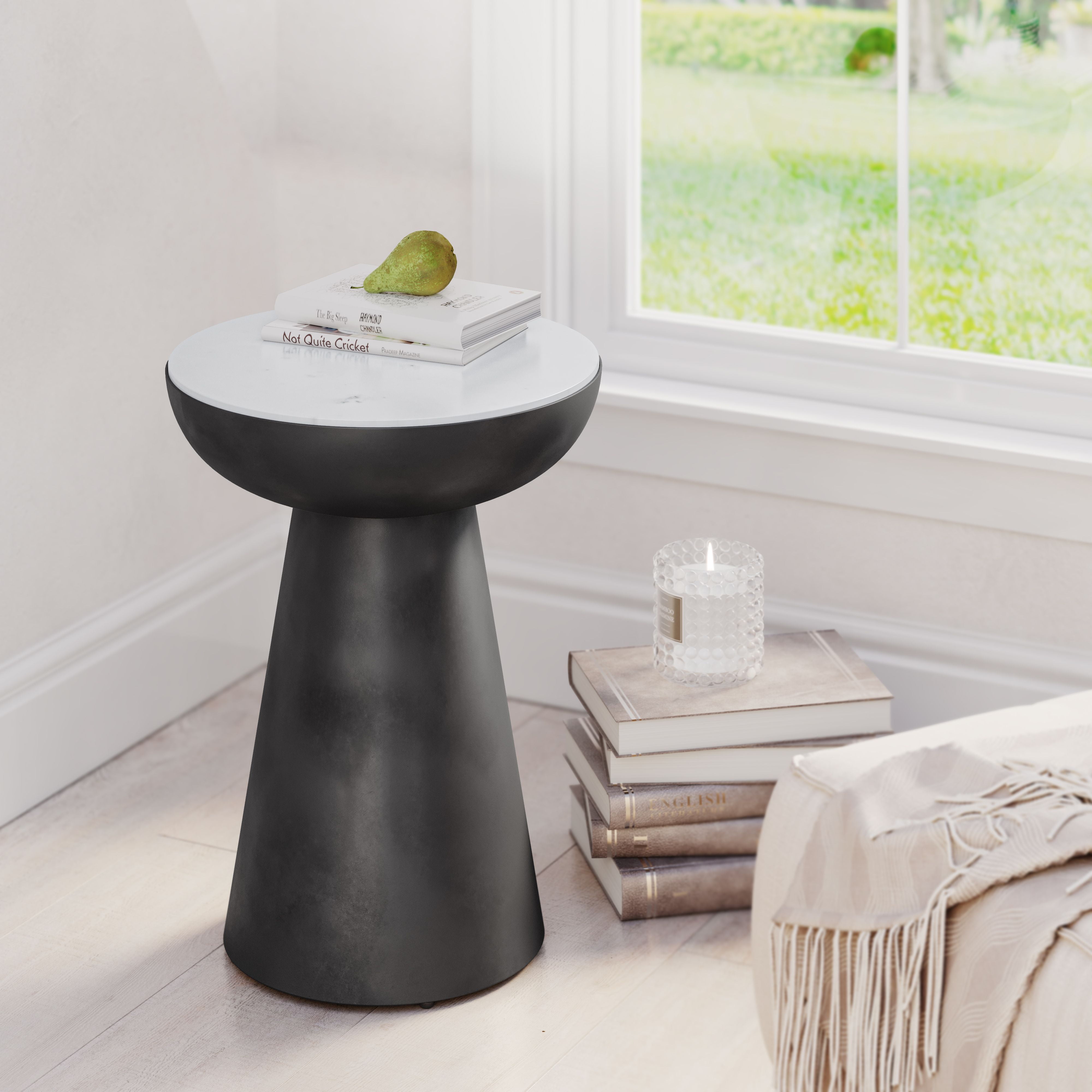 Modern Black and White Marble Iron Round Pedestal End Table