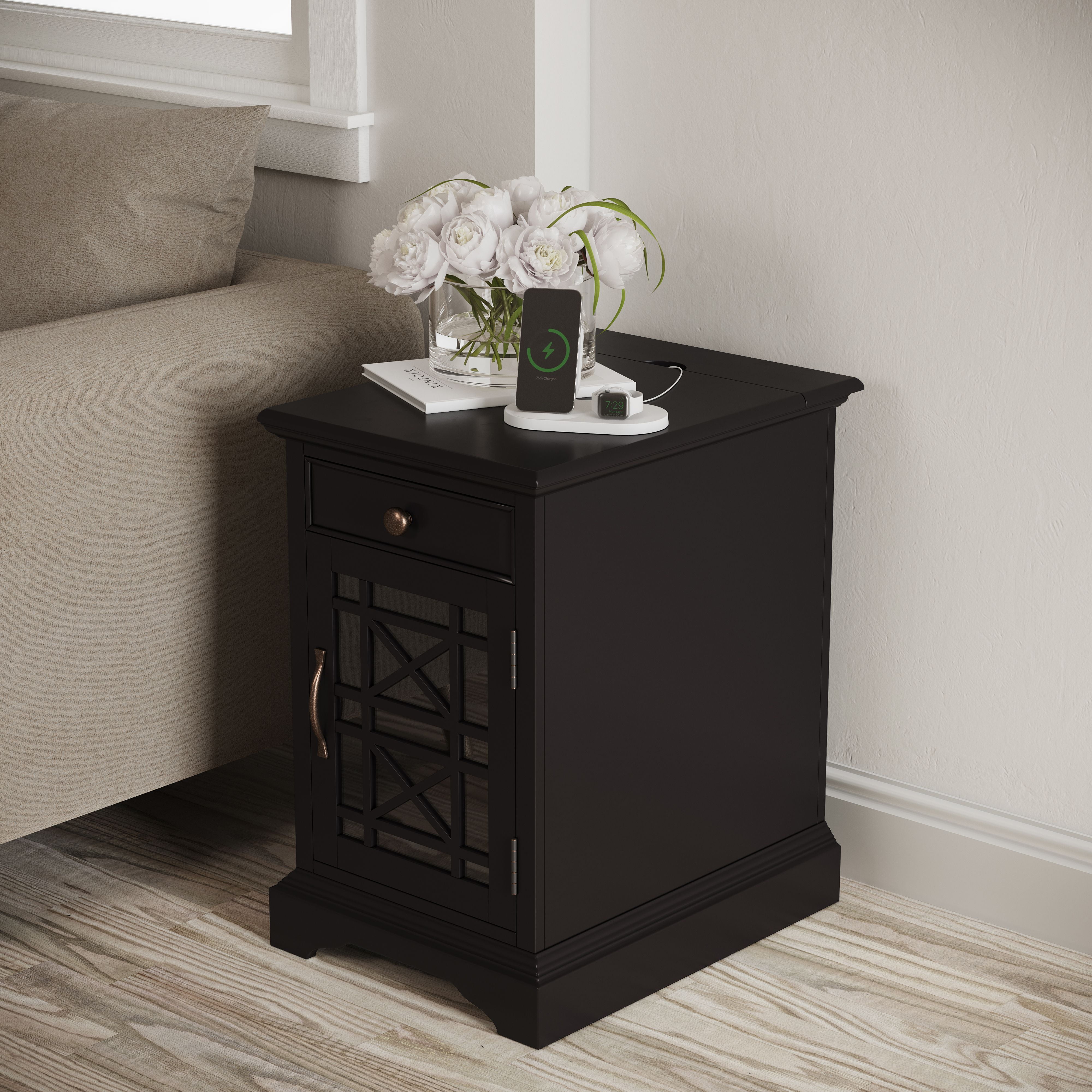 Black Wood Rectangular End Table with Storage and USB Charging