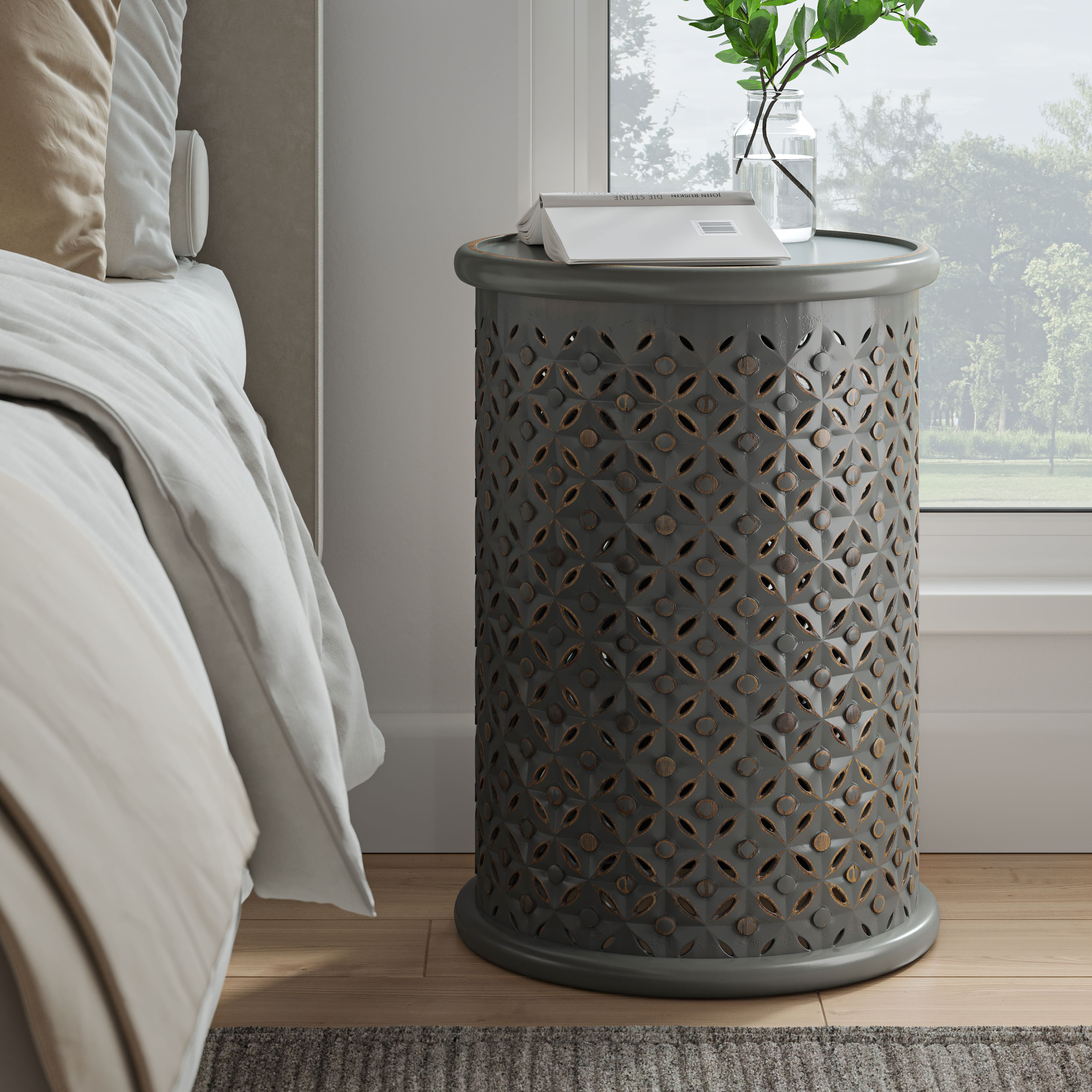 Transitional Hand-Carved 17" Round Drum Table in Antique Grey