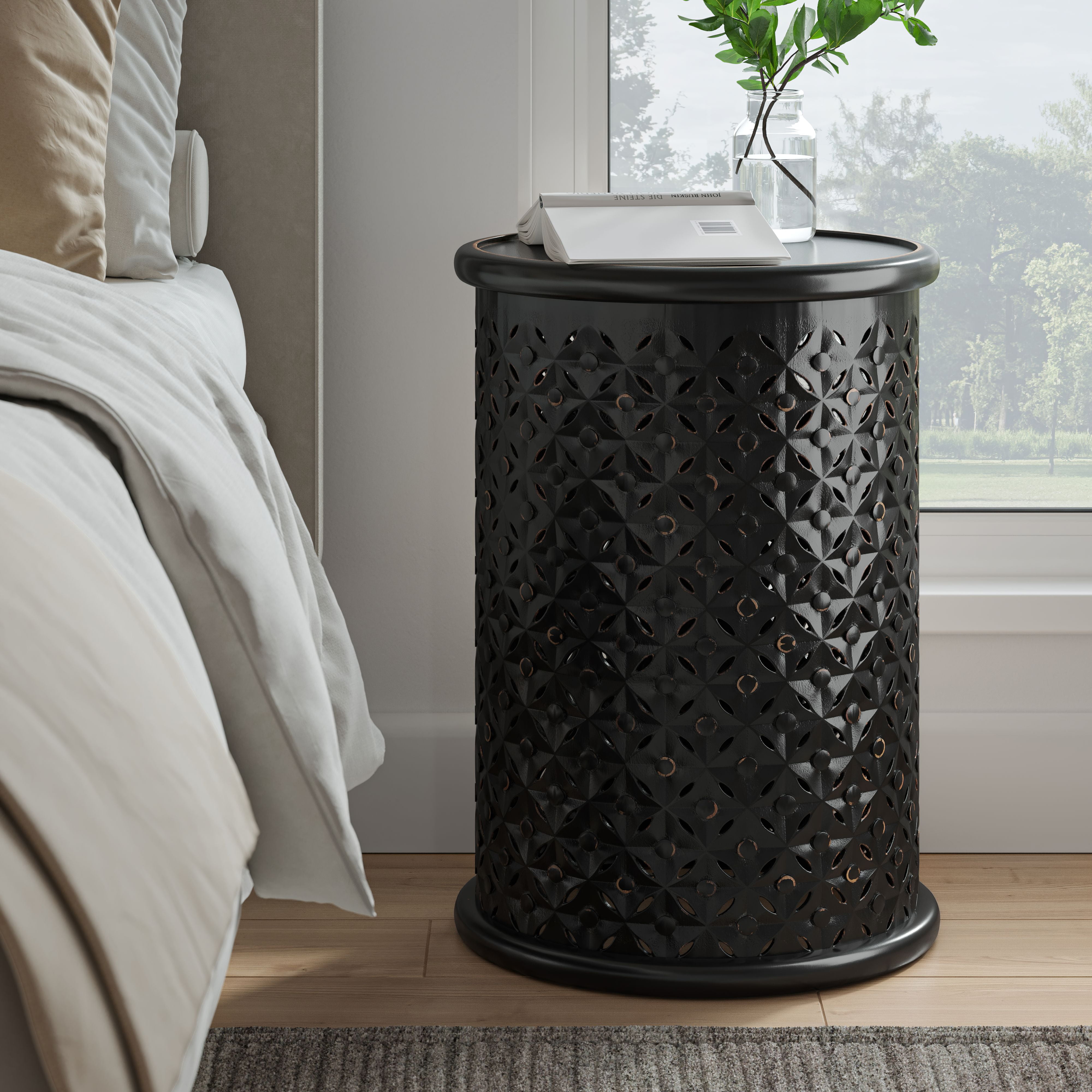Antique Black Distressed Mango Wood 17" Round Drum End Table