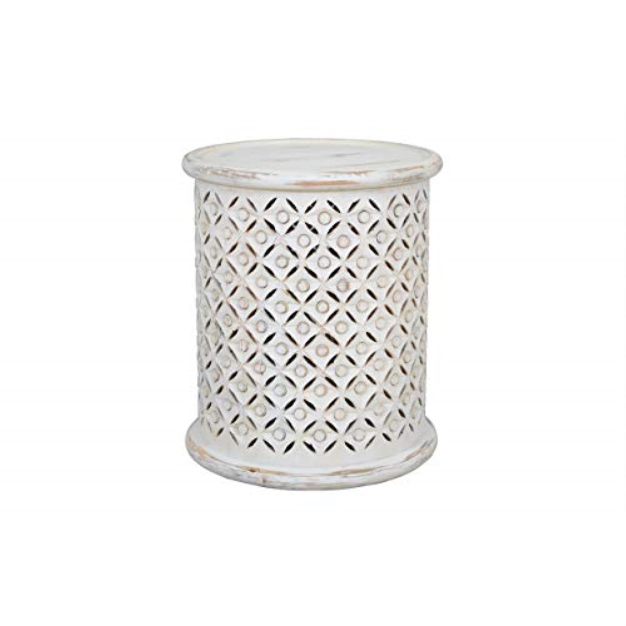 Antique White 16'' Round Mango Wood and Metal Drum End Table