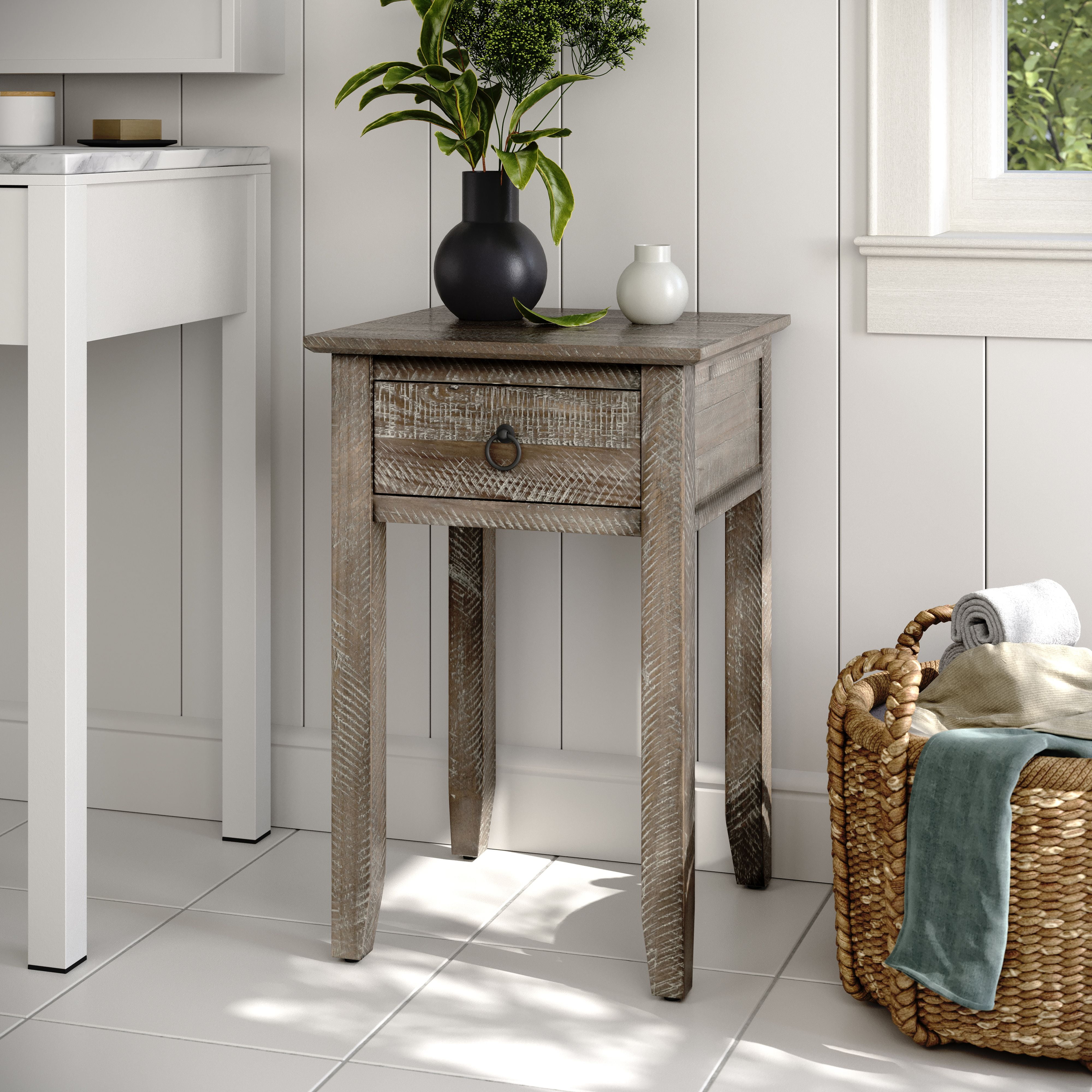 Devon Gray-Wash Distressed Pine End Table with Storage Drawer