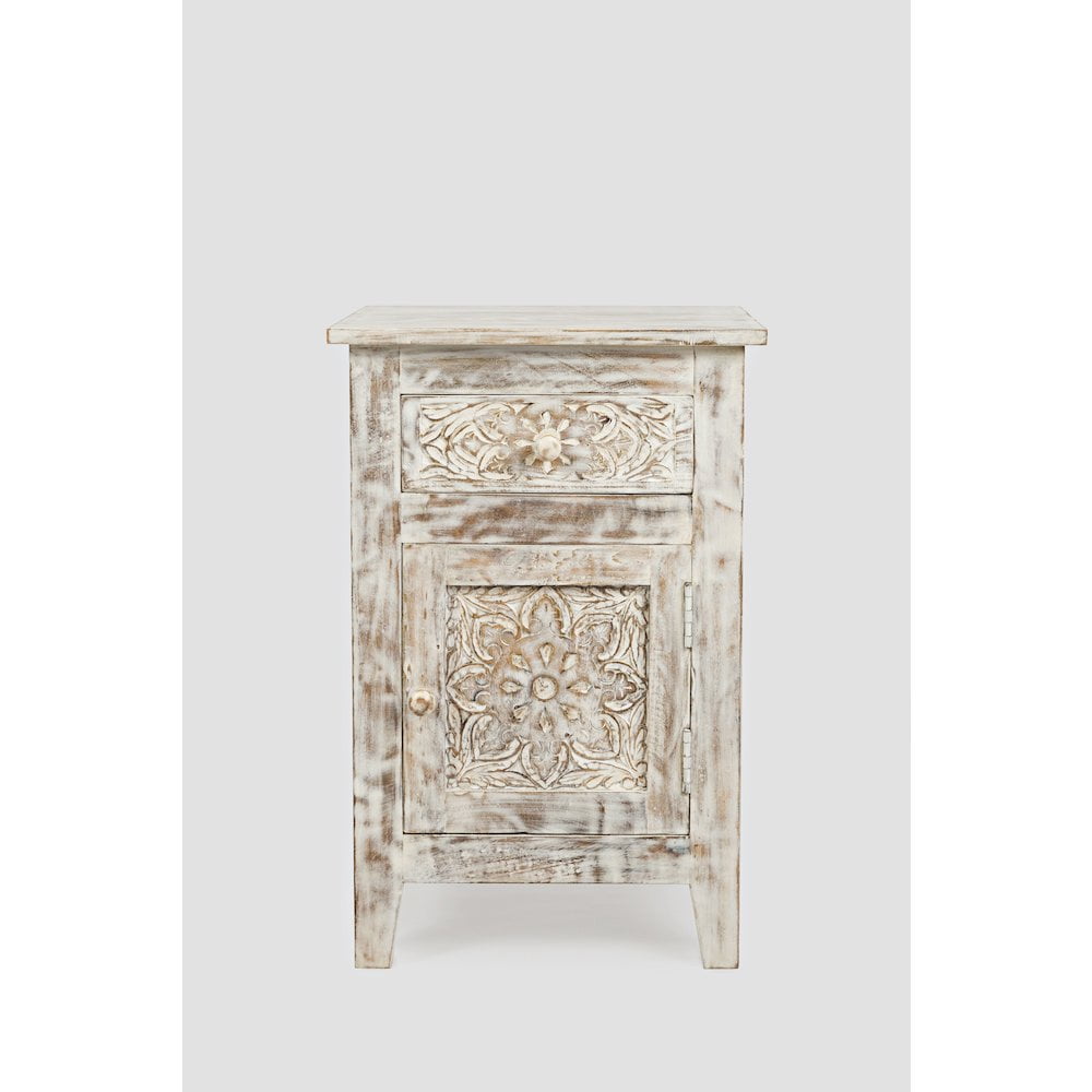 Artisan Carved Mango Wood and Metal Accent Table with Storage