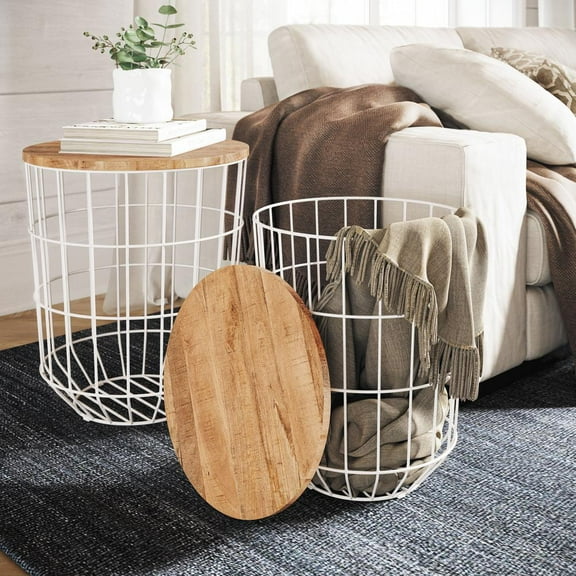Jofran Global Archive Nested Storage Solid Wood and Metal Basket End Tables (Set of 2)