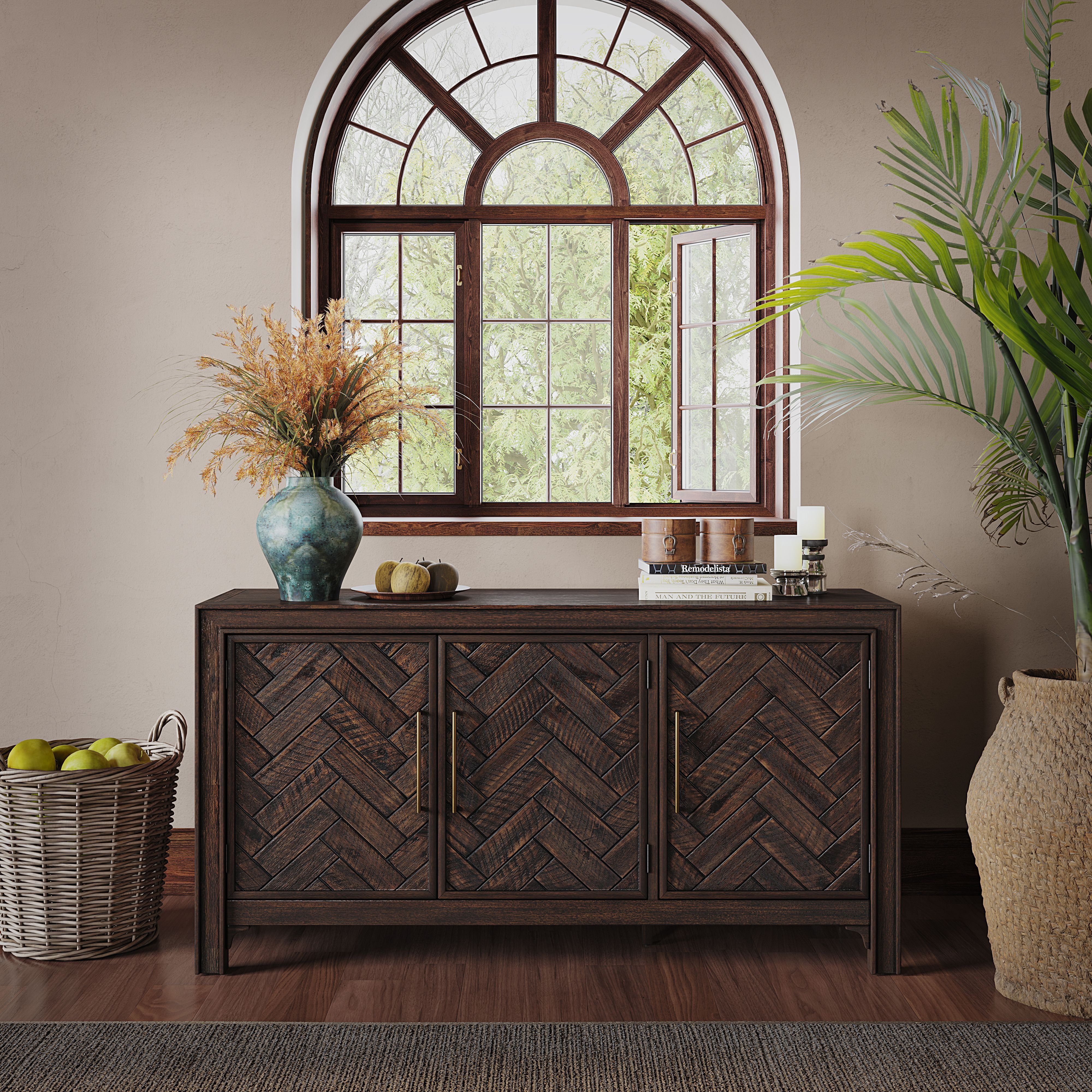 Mid-Century Modern Chevron 60" Brown Accent Storage Cabinet