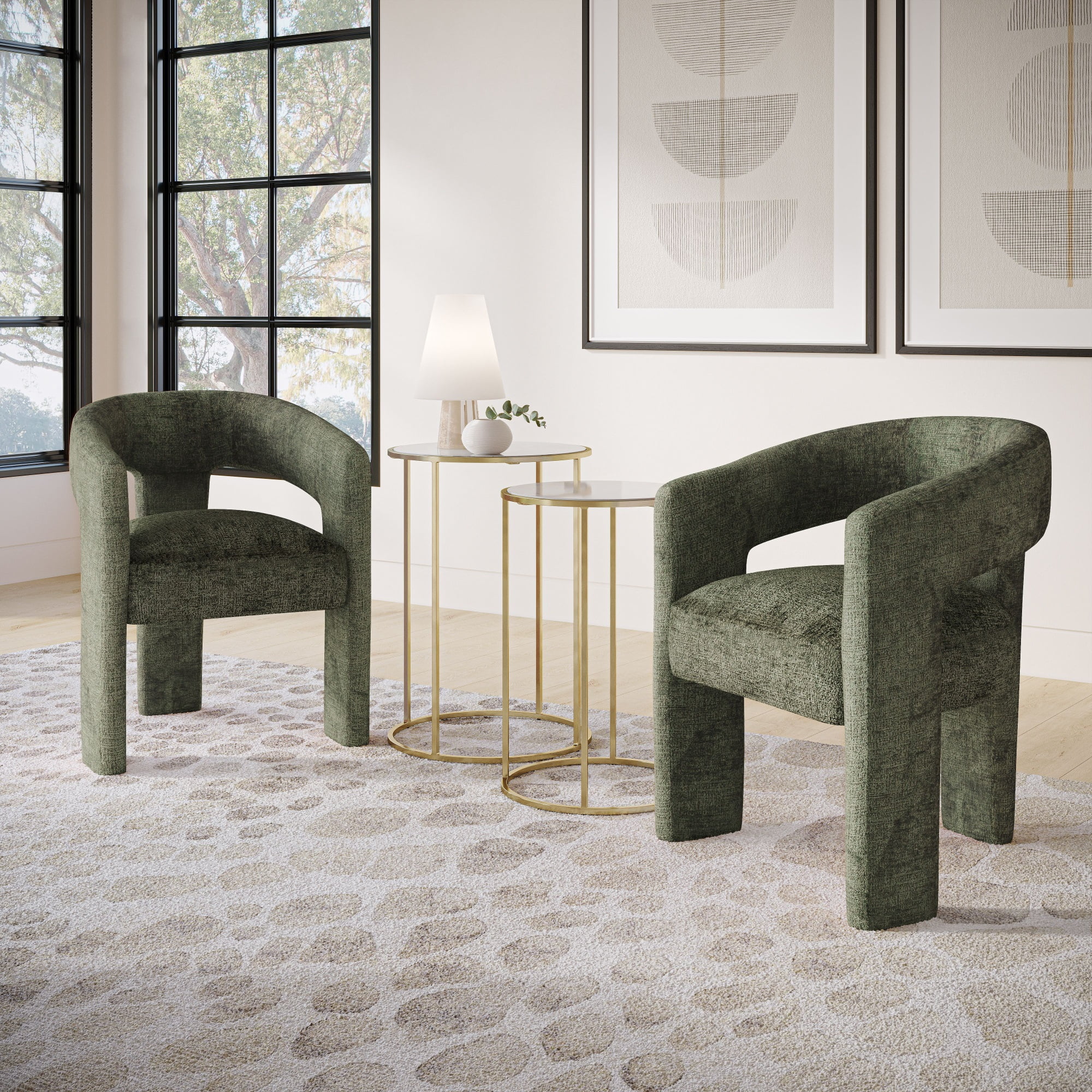 Forest Green Jacquard Fabric Modern Sculpted Accent Armchair