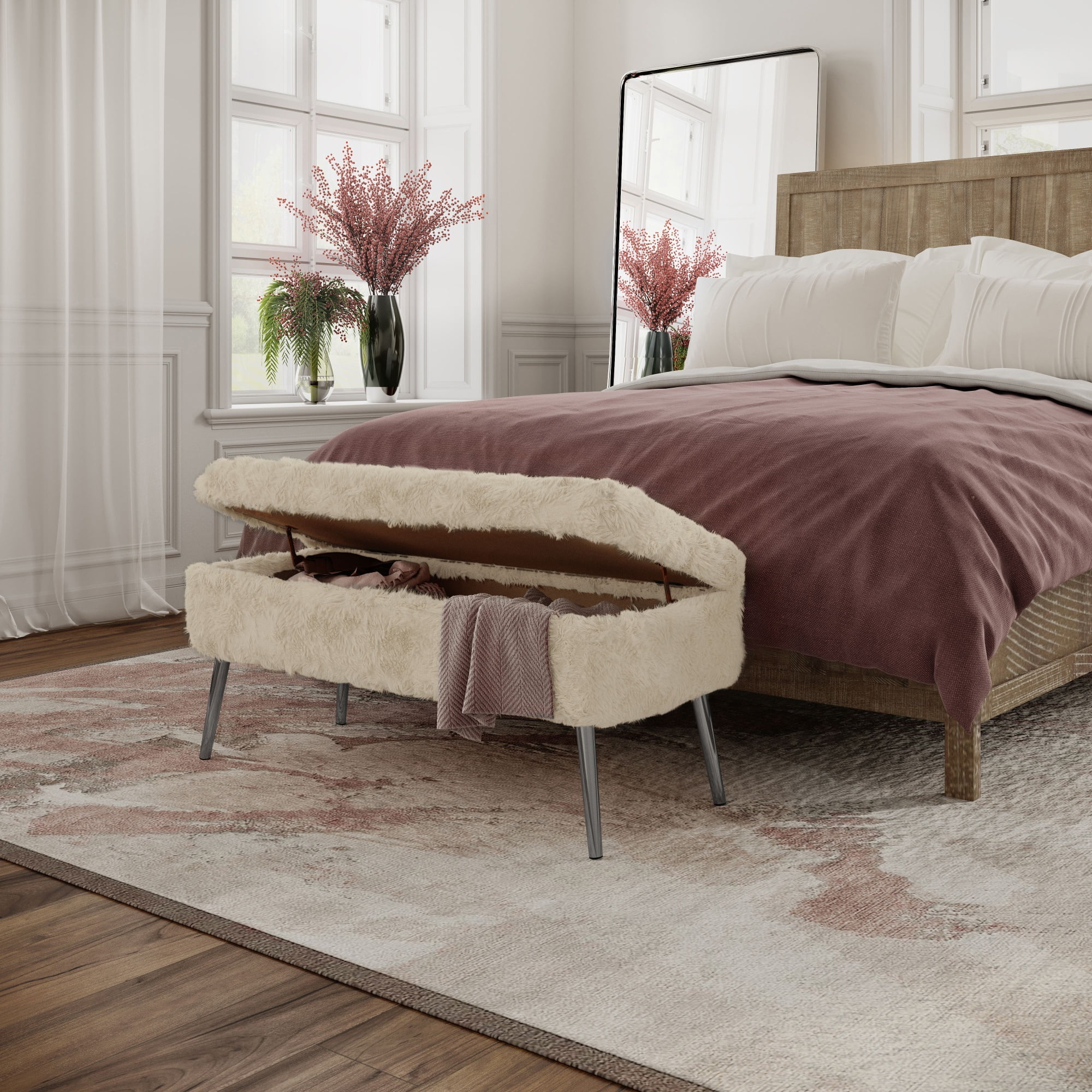 Beige Faux Fur Upholstered Storage Bench with Metal Legs