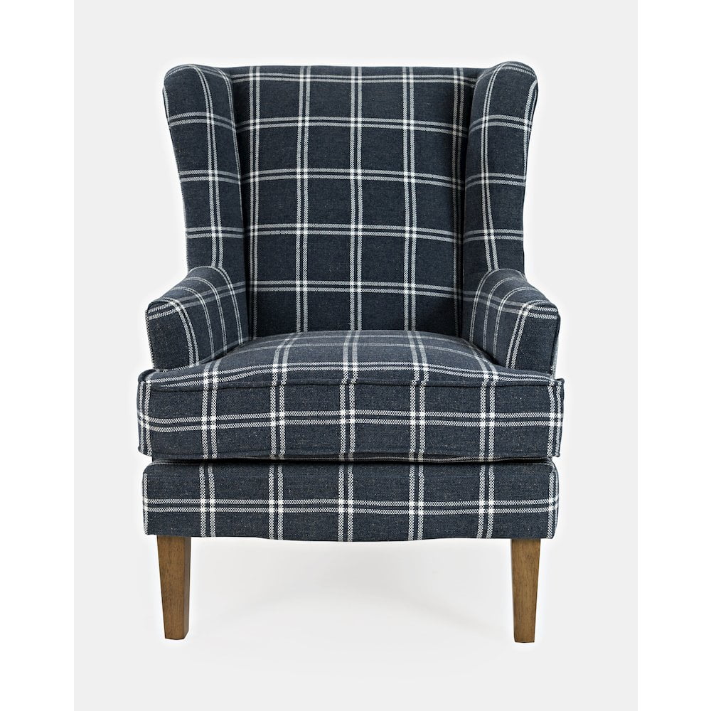 Navy Plaid Transitional Wingback Accent Chair with Wood Frame