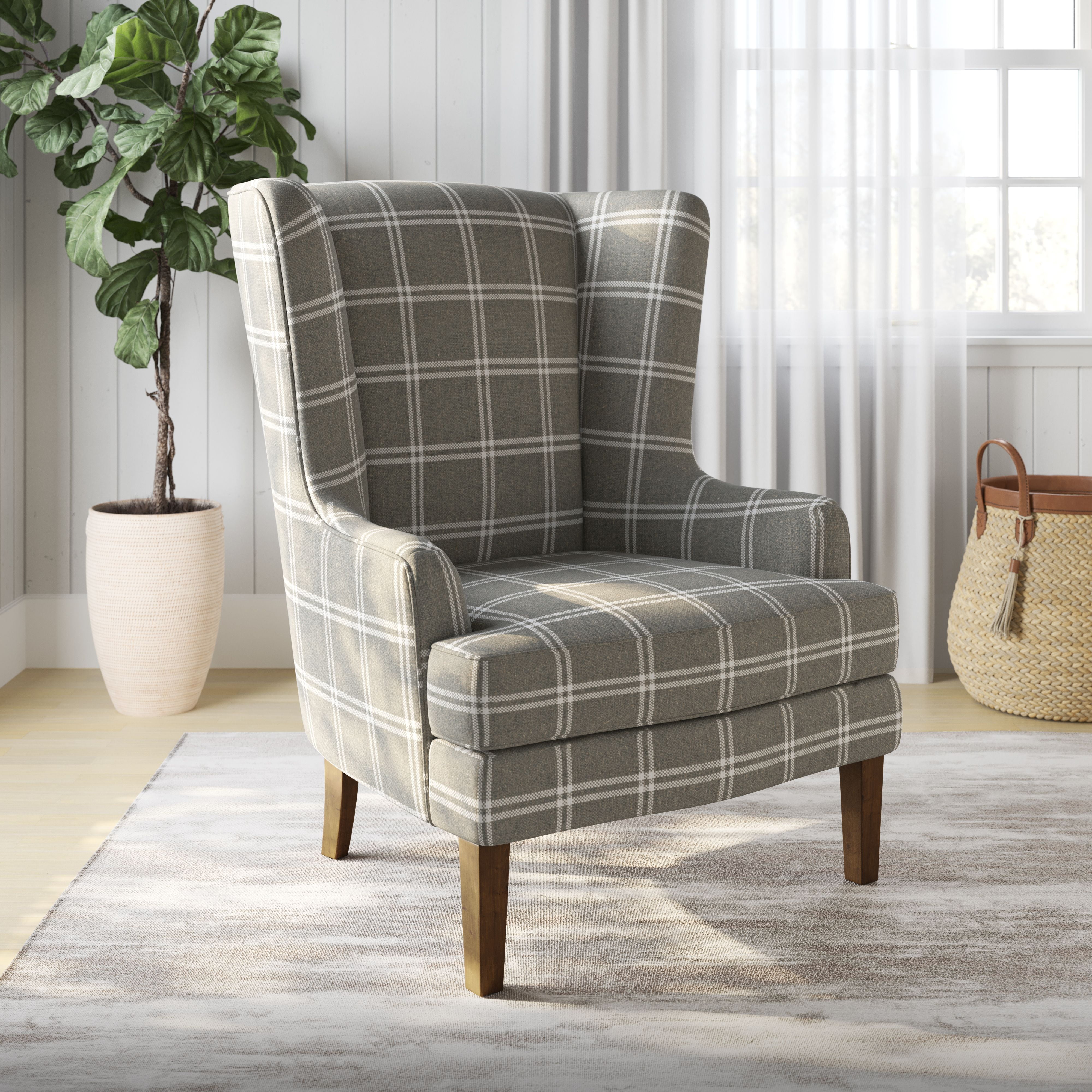 Graphite Plaid Upholstered Wood Accent Chair