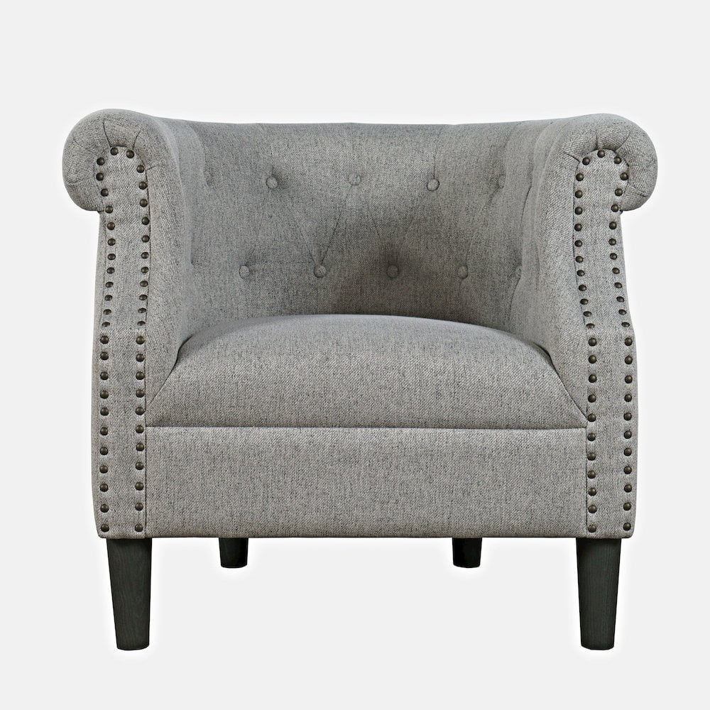 Gray Ash Upholstered Barrel Accent Chair with Nailhead Trim