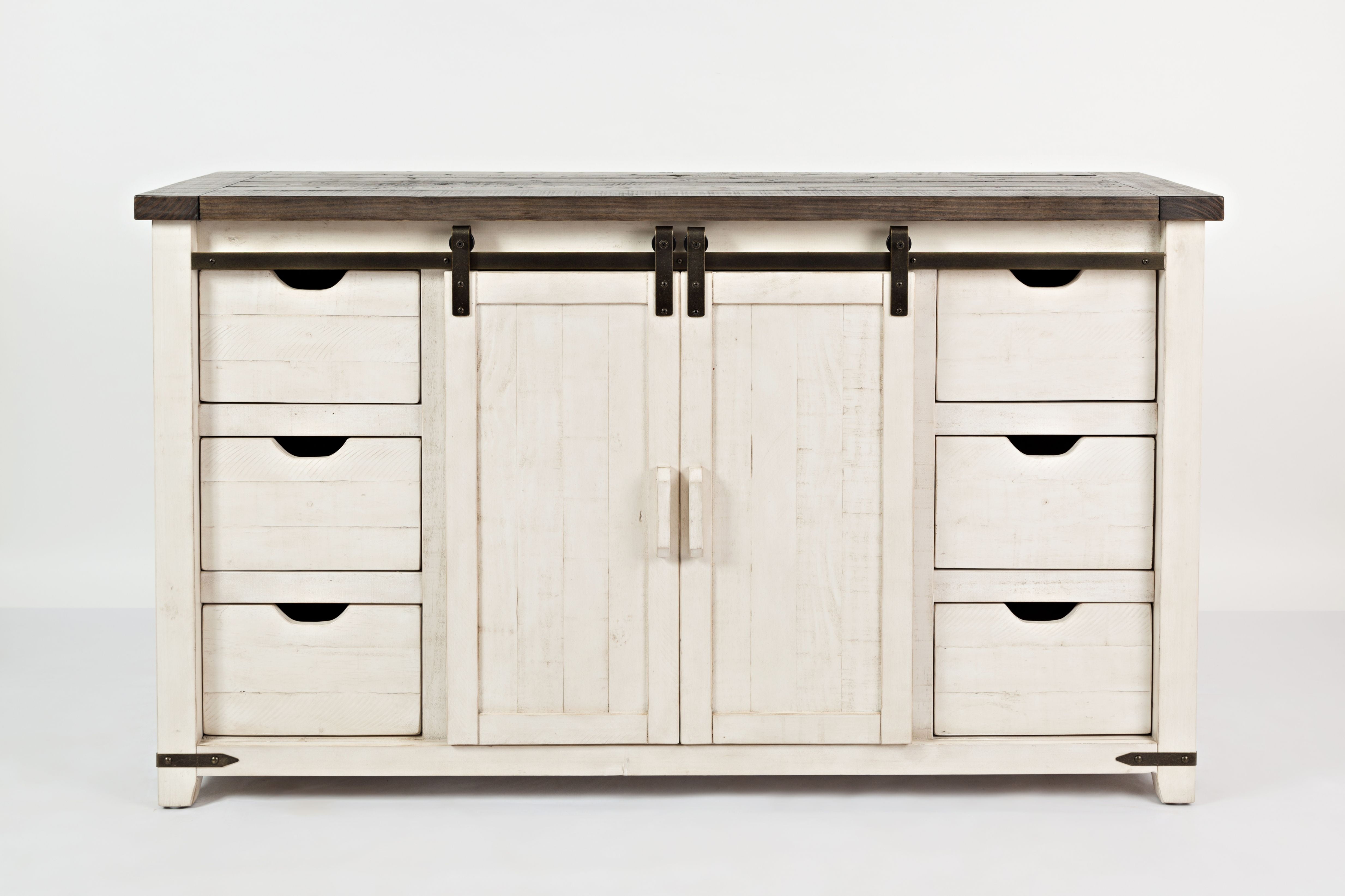 Rustic White Mirrored 60" Pine Barn Door Server with 6 Drawers