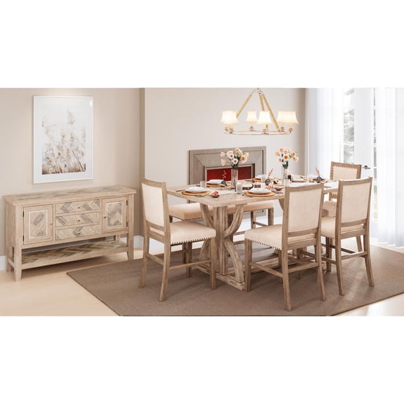 Jofran Mid-Century Distressed 78" Six-Piece Upholstered Dining Set with Bench