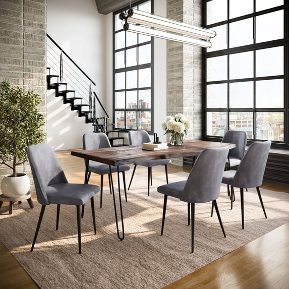 Jofran Nature's Edge Seven Piece Solid Acacia Dining Set with Upholstered Mid-Century Modern Chairs