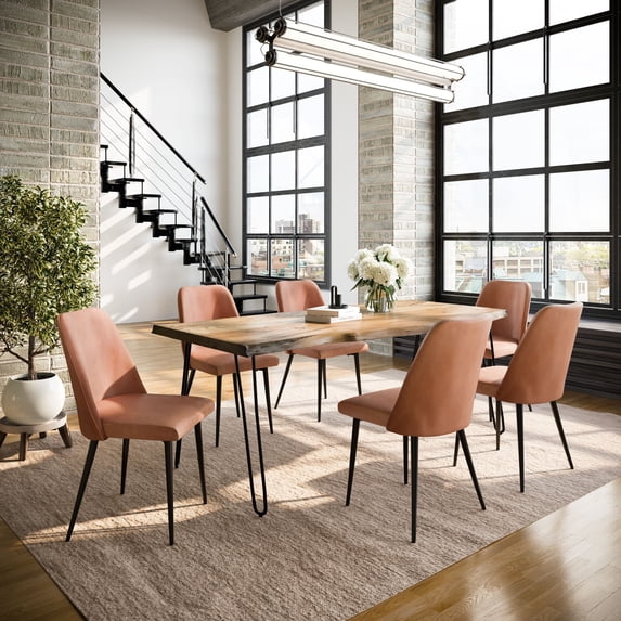 Jofran Nature's Edge Seven Piece Solid Acacia Dining Set with Upholstered Mid-Century Modern Chairs