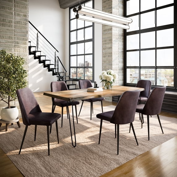 Jofran Nature's Edge Seven Piece Solid Acacia Dining Set with Upholstered Mid-Century Modern Chairs