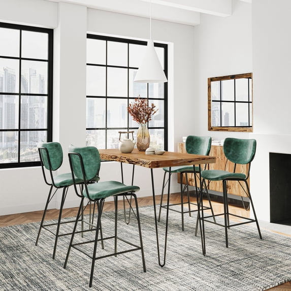 Jofran Nature's Edge Solid Acacia Five Piece Counter Height Dining Set with Modern Upholstered Faux Leather Barstools