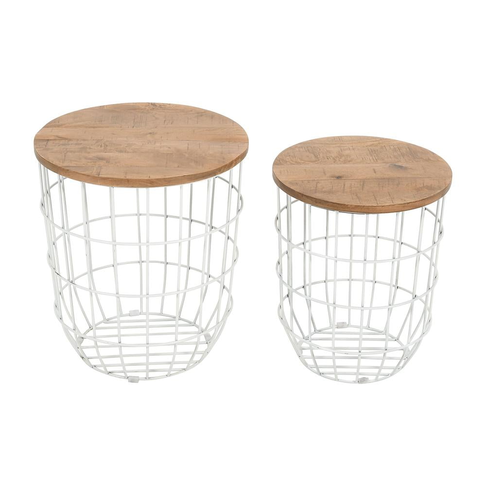 Jofran Nested Storage Solid Wood and Metal Basket End Tables (Set of 2)