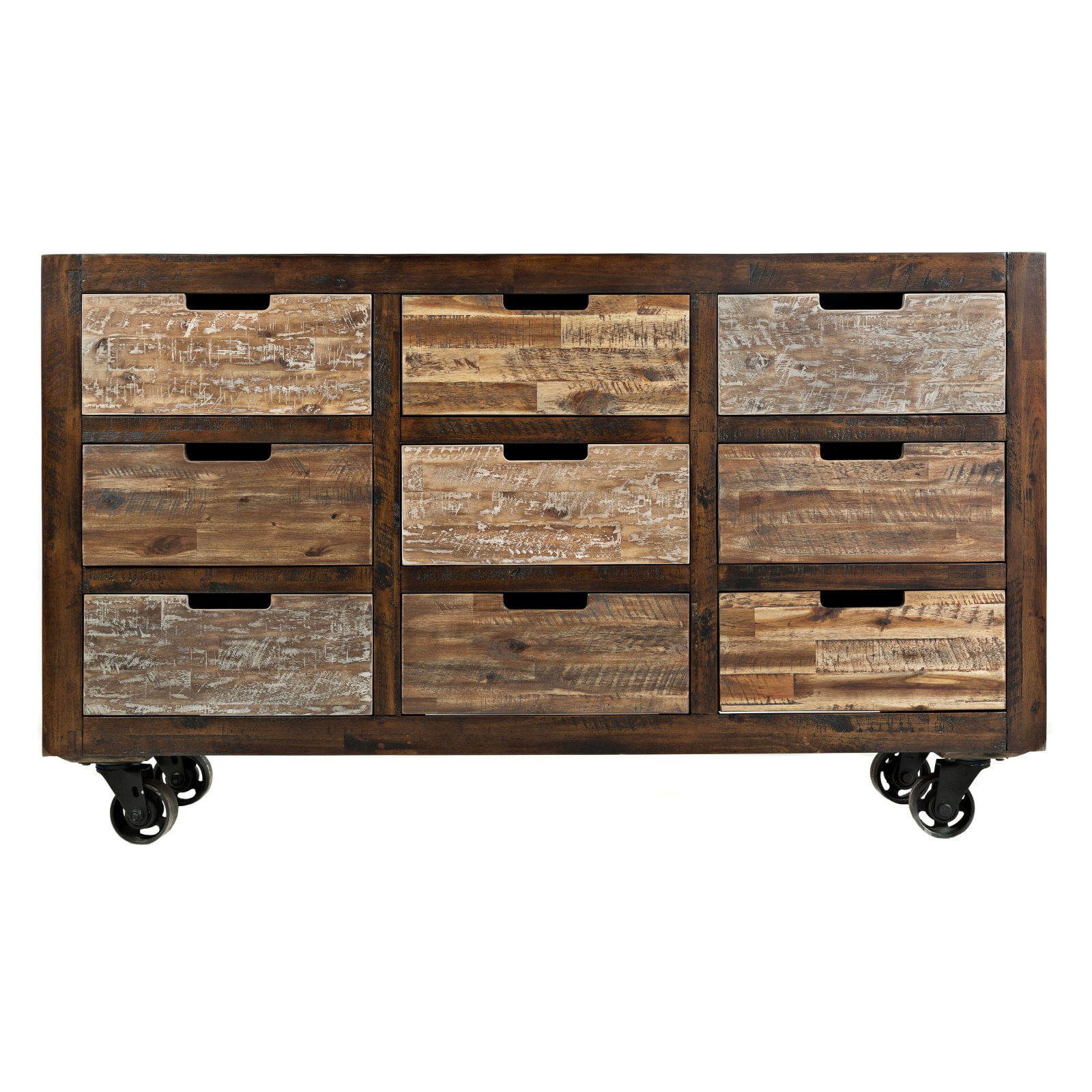 Rustic Brown Acacia 9-Drawer Chest with Casters