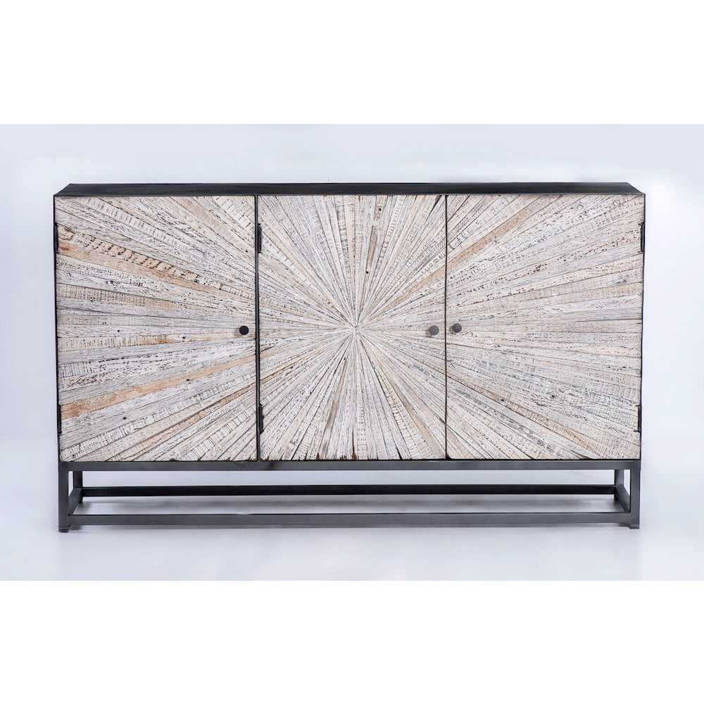 Grey Wash Reclaimed Wood 3-Door Accent Cabinet with Sunburst Pattern