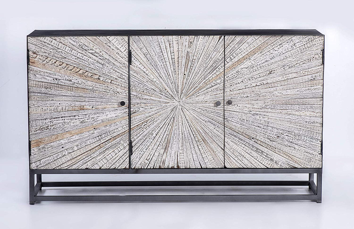 Grey Wash Reclaimed Wood 3-Door Accent Cabinet with Sunburst Pattern