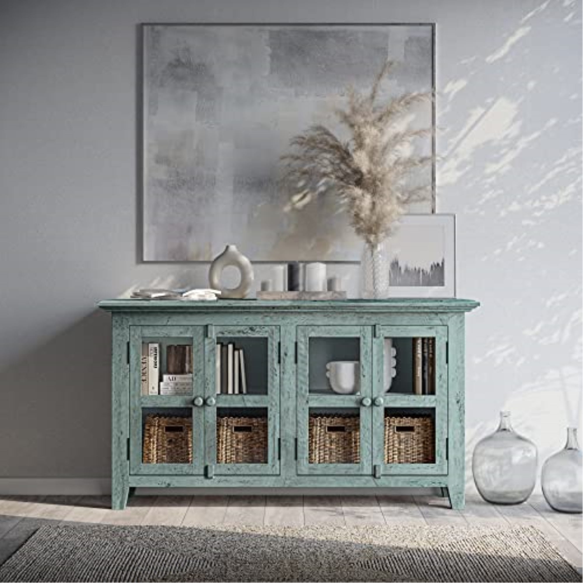 Surfside Blue Coastal Distressed Acacia Four-Door Credenza