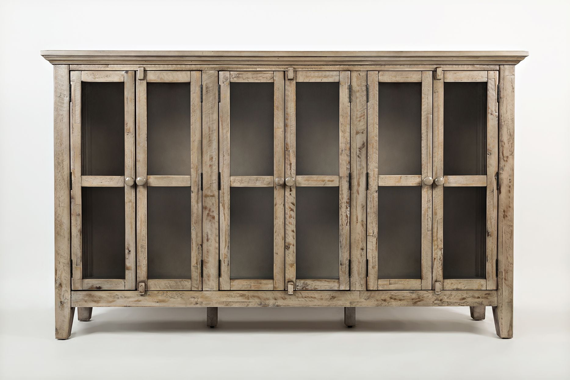 Weathered Gray & Brown Rustic 70'' Wooden Accent Cabinet with Glass Doors
