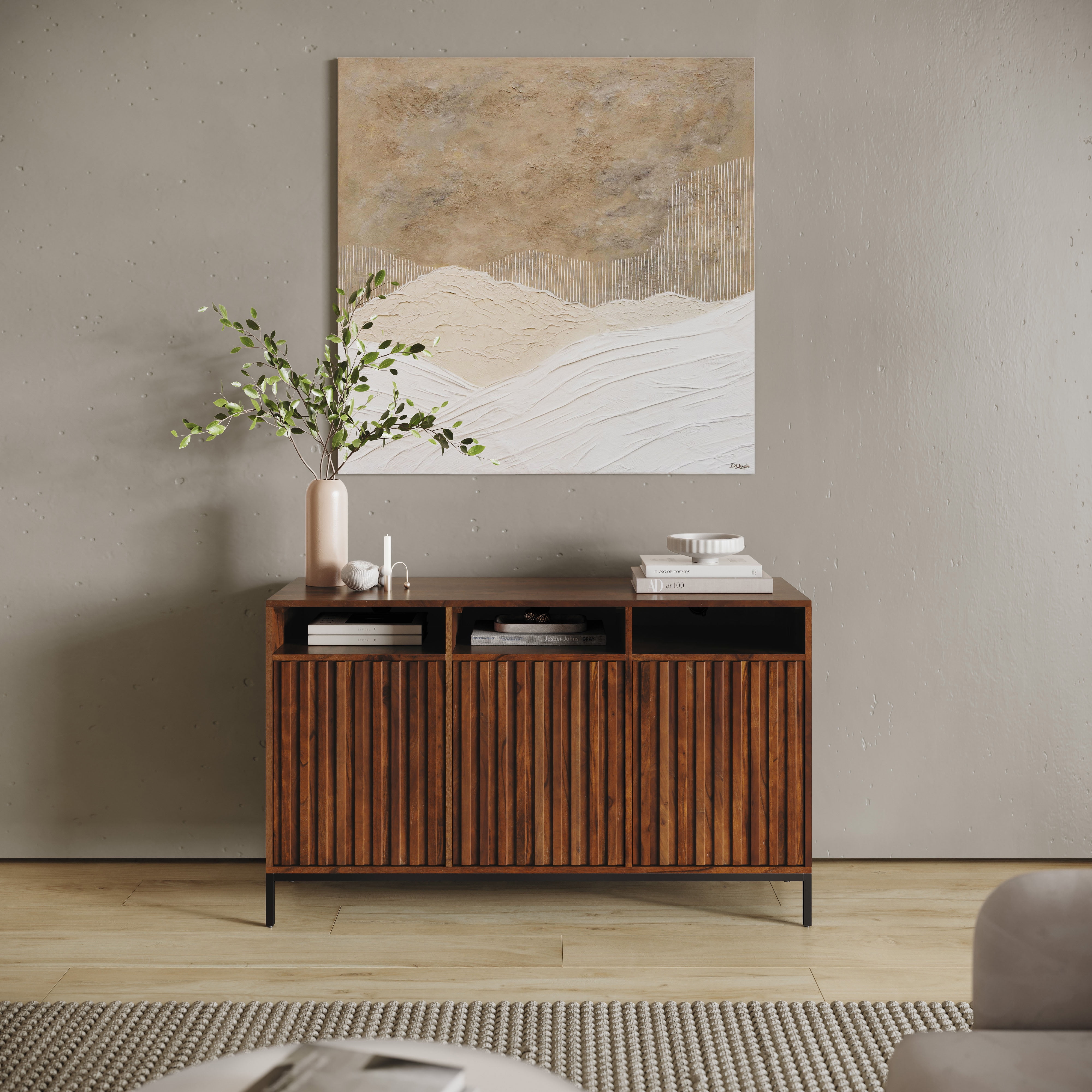Jofran Ryder 50" Modern Fluted Door Solid Wood Console Storage TV Stand Cabinet