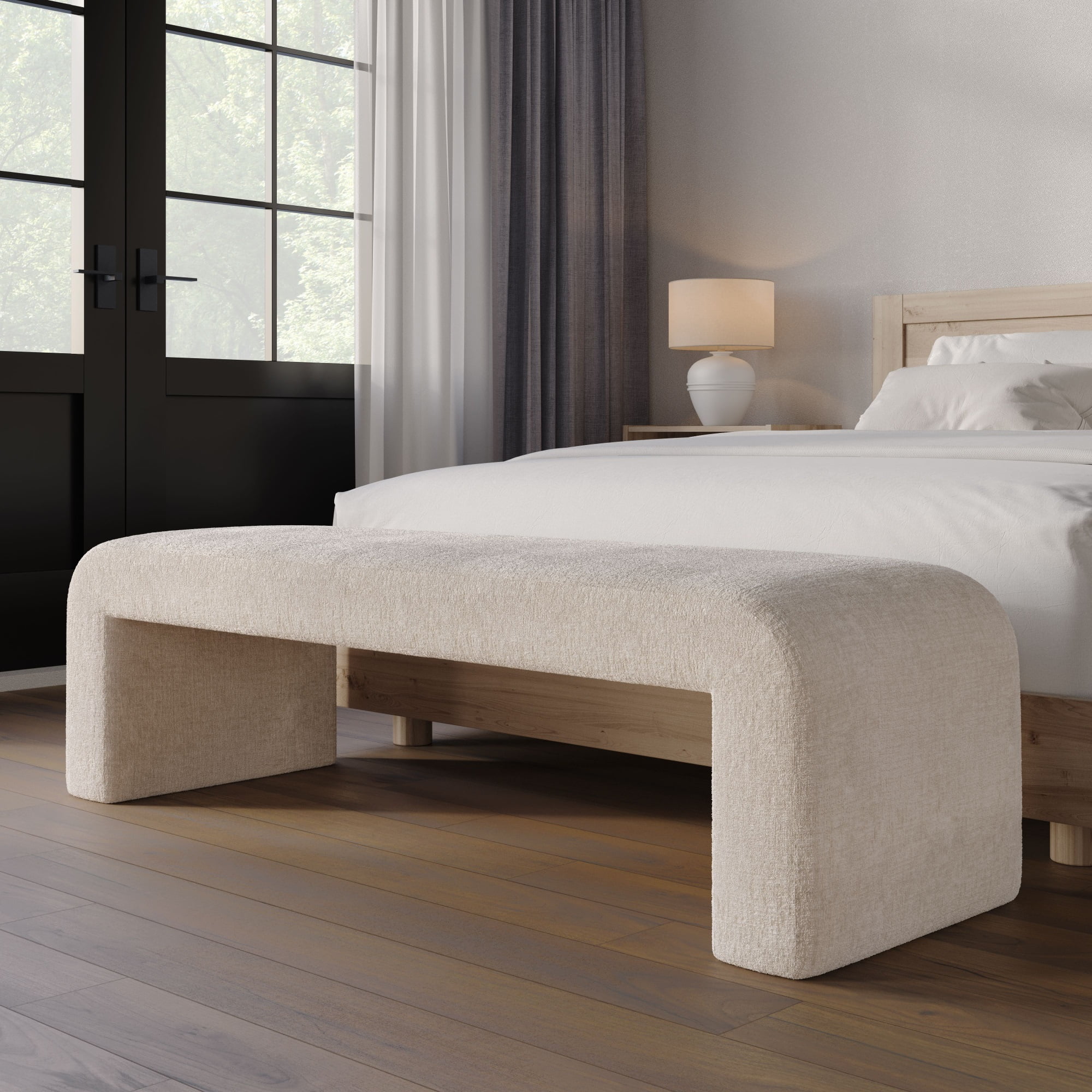 Sophia Beige Jacquard 60'' Modern Curved Upholstered Bench