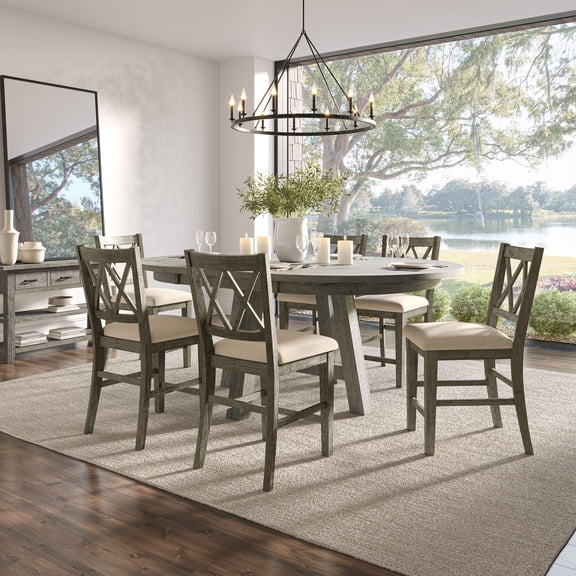 Jofran Telluride Contemporary Rustic Farmhouse Seven Piece Counter Height Dining Table Set with Cross Back Stools