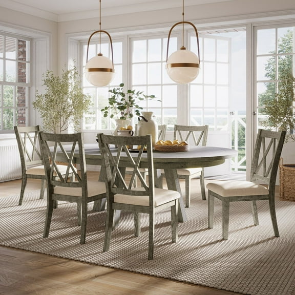 Jofran Telluride Contemporary Rustic Farmhouse Seven Piece Dining Table Set with Cross Back Chairs