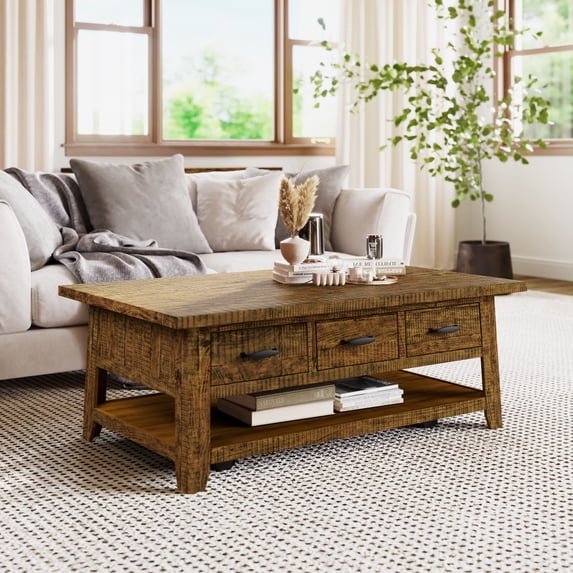 Jofran Telluride Rustic Distressed Acacia 50" Coffee Table with Caster Wheels and Pull-Through Drawers