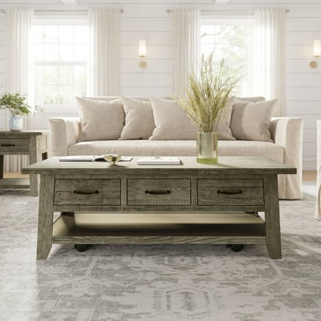Jofran Telluride Rustic Distressed Acacia 50" Coffee Table with Caster Wheels and Pull-Through Drawers