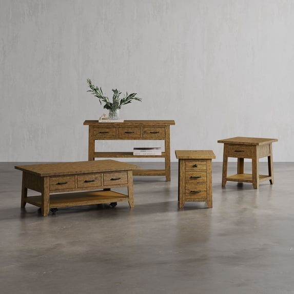 Jofran Telluride Rustic Distressed Acacia 50" Sofa Table with Drawers and Two Shelves