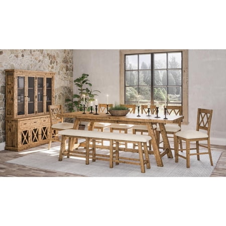 Jofran Telluride Rustic Distressed Pine Upholstered 85" Counter Height Bench