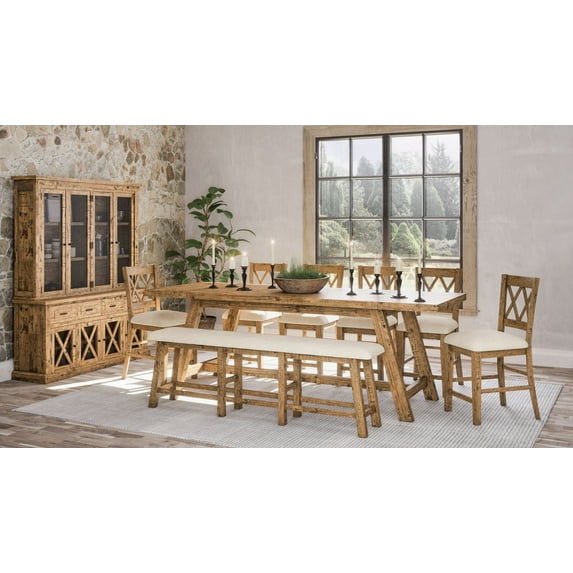 Jofran Telluride Rustic Distressed Solid Wood 127" Trestle Counter Table with Extension Leaves