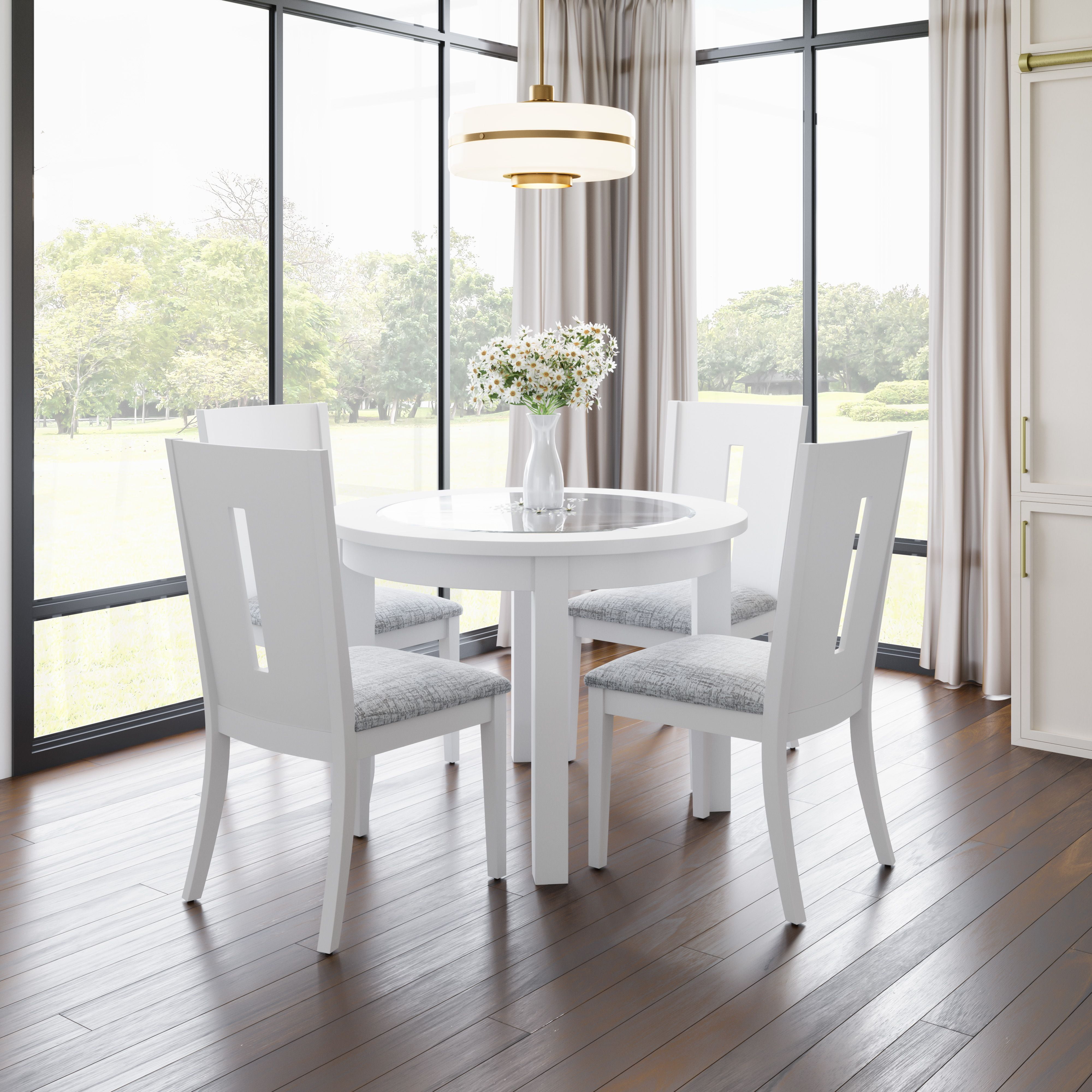 White Round Dining Set with Upholstered Chairs and Glass Inlay