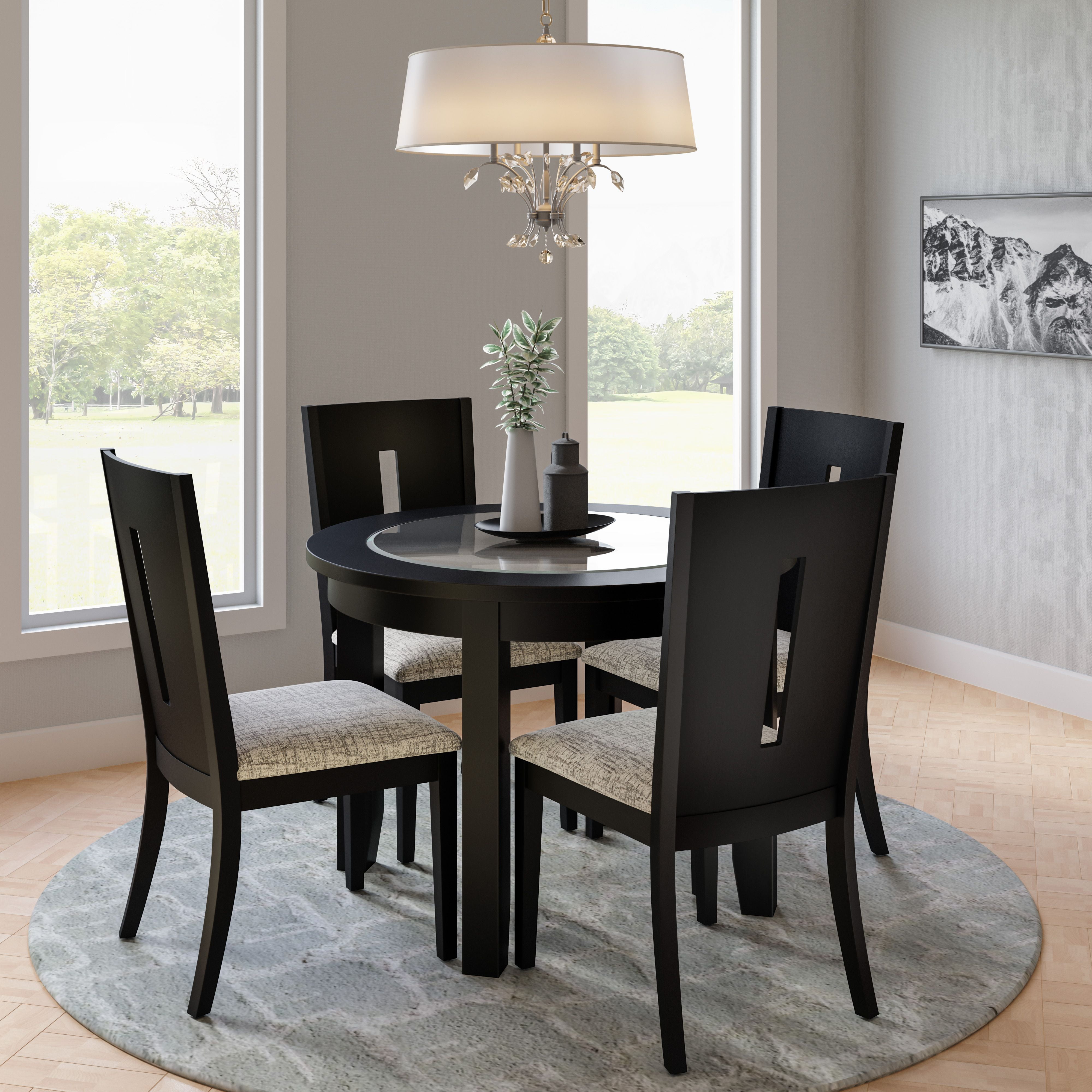 Black Tempered Glass Inlay Round Dining Set with Upholstered Chairs