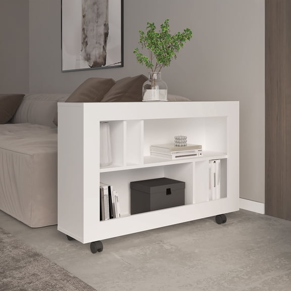 Joge 37,4" Wide Console Table Cart With Six Shelves, Casters, Entryway Table, Side Table, Living Room Table, For Living Room White