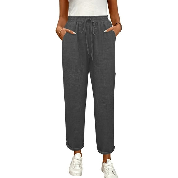 Jogger Ankle Length Dress Linen Pants for Women Elastic Waist Drawstring Wide Leg High Waisted Cropped Pants Pull on Yoga Gauze Pants Dark Gray L