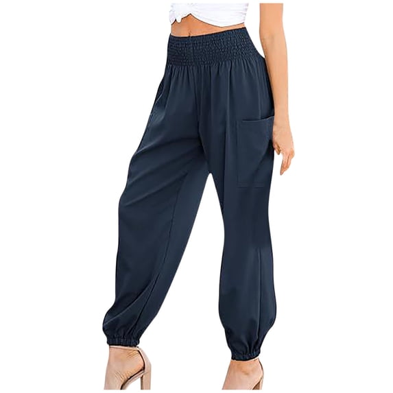 Jogger Pants Women Cinch Bottom Sweatpants Pockets Elastic High Waisted Casual Loose Trouser