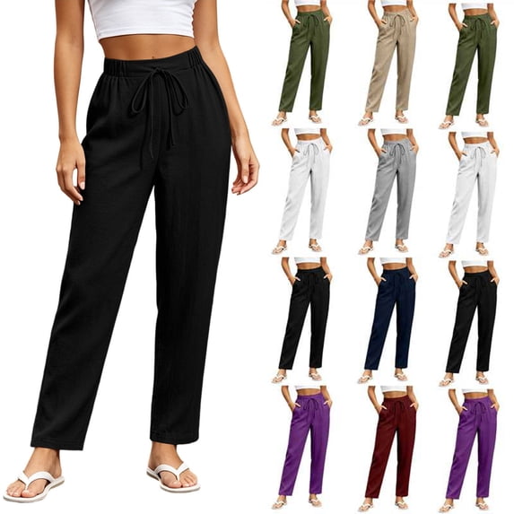 Jogger Pants for Women Elastic High Waist Drawstring Linen Ankle Solid Color Pants Casual Slim Tapered Cropped Trousers with Side Pockets, Lightweight Straight Leg Vacation Jogger Pants