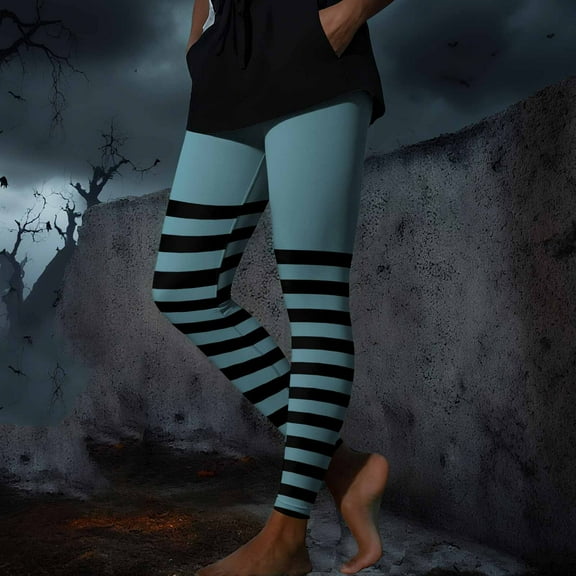 Jogger Pants for Women New Women's Funny Striped Halloween Tights Ankle Length Leggings High Waisted Stretchy Cute Graphic Yoga Pants Sky Blue L