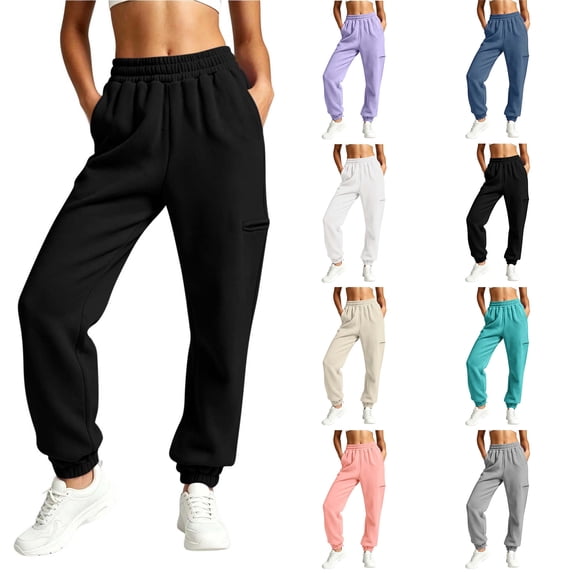 Jogger Pants for Women Zaewscy Fashion Women Casual High Waist Loose Pocket Straight Solid Long Pants Black L